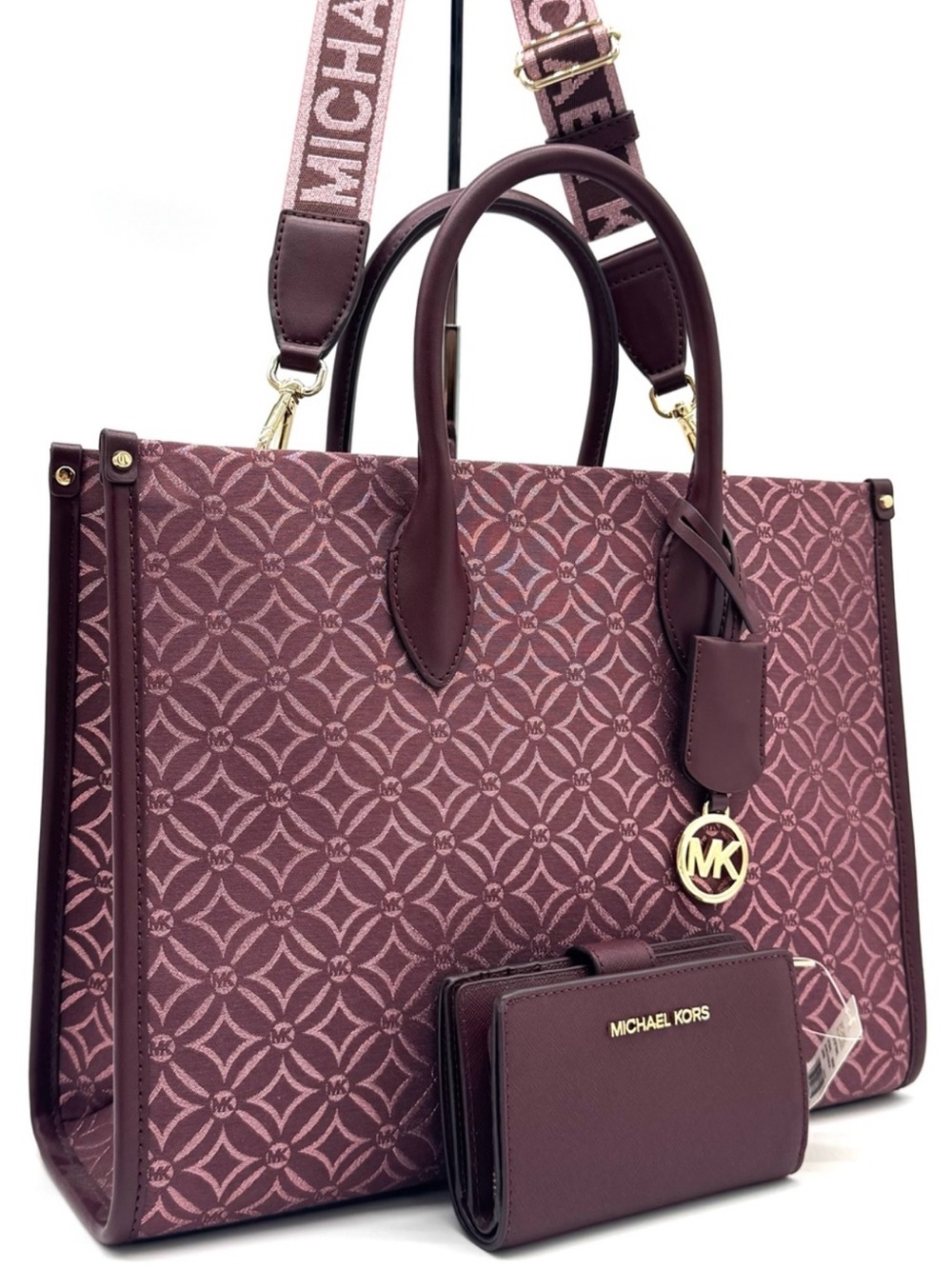 Michael Kors Medium Mirella Tote Bag & Matching Bifold Zip Chain Wallet Ox Blood